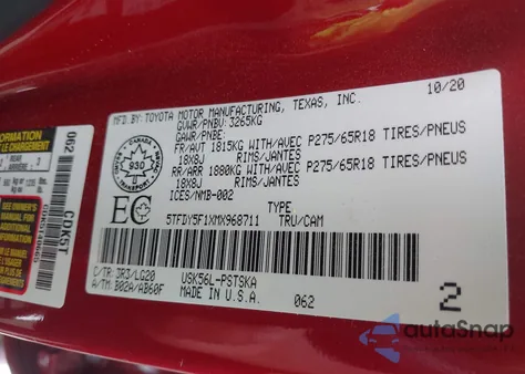 2021 Toyota Tundra Sr5 from USA, damaged, VIN 5TFDY5F1XMX968711